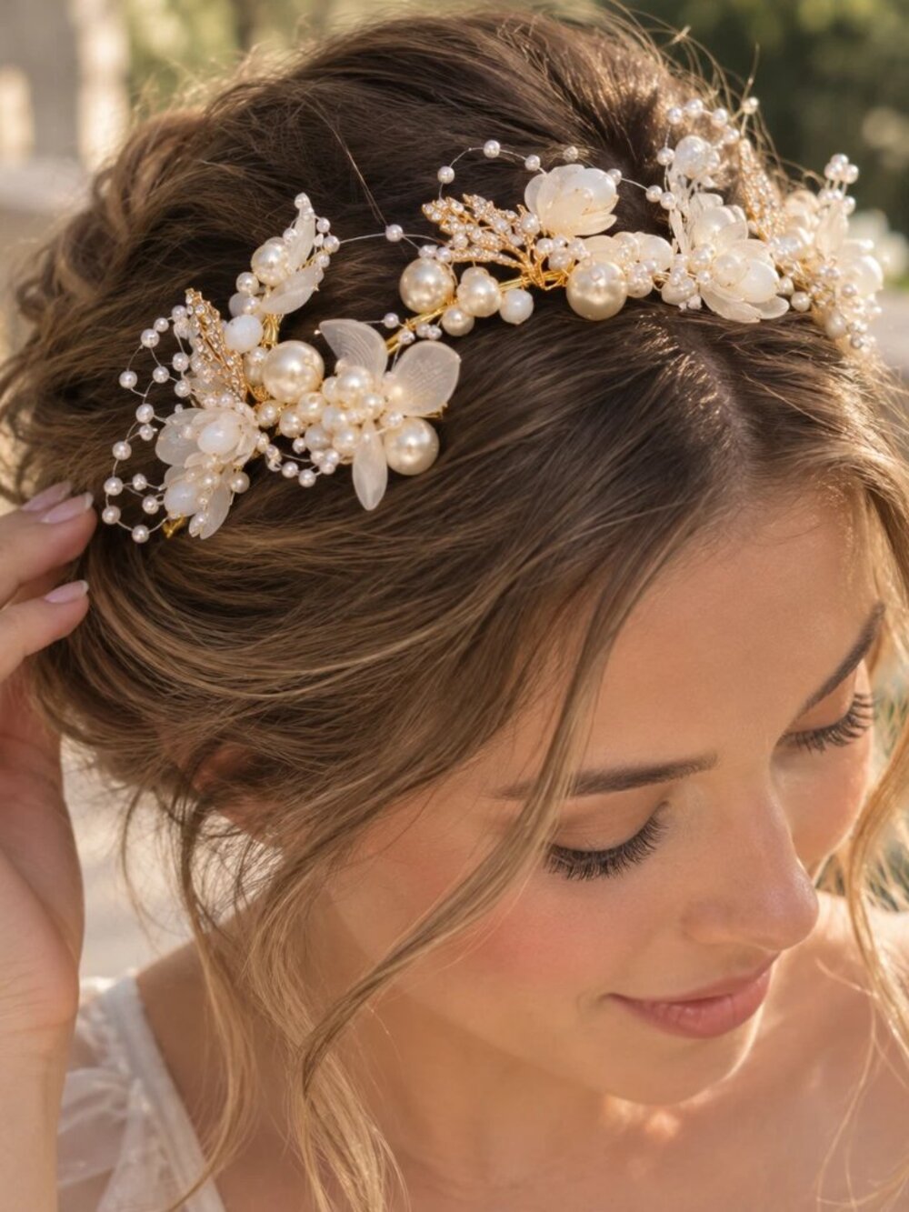 Bridal Pearl Hair Vine Gold Crystal Floral Wedding Headpiece Hair Accessory